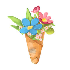 A bouquet of flowers in a vintage wrapper. Illustrated postcard.