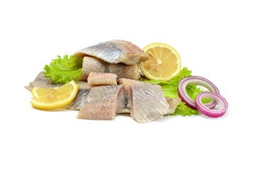 Atlantic salted herring fillet with onion ring,lemon, and pepper, isolated on a white background
