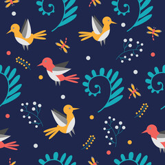 Seamless pattern with birds and leaves. Modern cute background for packaging and design.