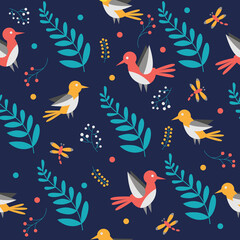 Fototapeta na wymiar Seamless pattern with birds and leaves. Modern cute background for packaging and design.