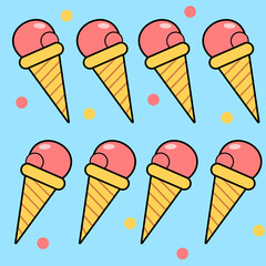 Cartoon pattern with ice cream cones on a blue background. Bright background for design or packaging.