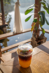 A glass of iced coffee in the morning