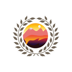 mountain and landscape vector illustration of leaf decoration emblem