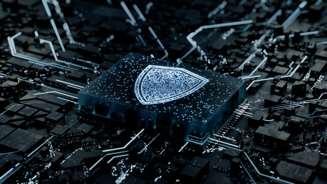 Security Technology Concept with shield symbol on a Microchip. Data flows from the CPU across a Futuristic Motherboard. 3D render.