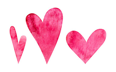 Three ruby red heart shape in a row, watercolor on paper