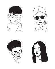 Vector illustration with doodle sketch. Linear portrait of woman, men.