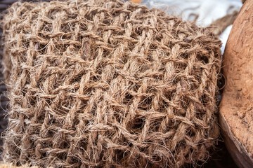 Knitted net made of Coconut fiber. Close up.