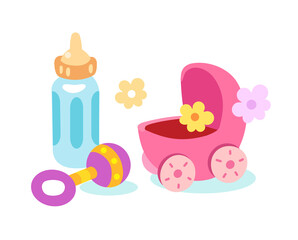 The birth of a child, discharge, flowers. Stroller, bottle and rattle isolated on white background. Vector flat illustration.
