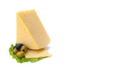 Solid yellow gouda cheese, close-up, isolated on a white background.selective focus.