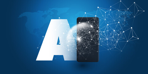 Modern Style Futuristic Machine Learning, Artificial Intelligence, Cloud Computing, Automated Support Assistance and Networks Design Concept with World Map, AI Label, Polygonal Mesh and Smart Phone © bagotaj
