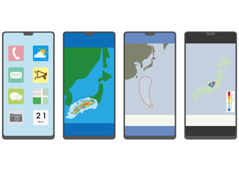 スマートフォンのホーム画面・台風の進路・雨雲レーダー・震源地の画面のイラスト