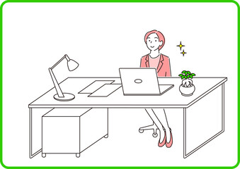 パソコンの前に座ってオンラインで会話をしているスーツ姿の女性 程よいシンプルなイラスト ベクター