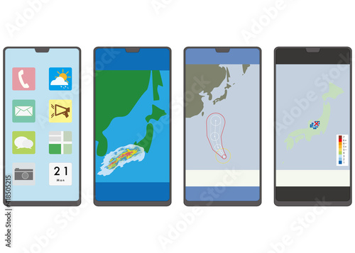 スマートフォンのホーム画面 台風の進路 雨雲レーダー 震源地の画面のイラスト Wall Mural Hichako