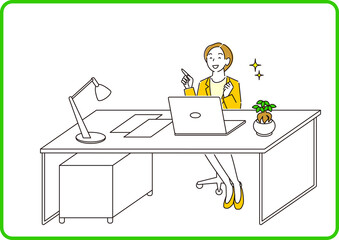 パソコンの前に座ってオンラインで会話をしているスーツ姿の女性 程よいシンプルなイラスト ベクター