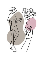 Line woman silhouette, creative freehand composition in contemporary abstract style with girl and colorful geometric shapes. Linear illustration design for print, card, poster.