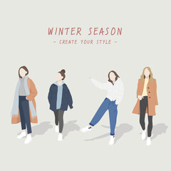 Winter women style, cute characters, and fashionable.