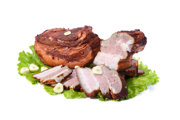 Pork fat.A piece of homemade boiled brisket with meat layers is isolated on a white background.