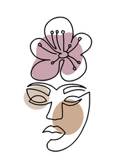 Line woman face portrait with spring flowers, creative freehand composition in contemporary abstract style with colorful geometric shapes. Linear illustration design for print, card, poster.