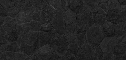 Panorama of Building exterior black granite block wall texture and background seamless