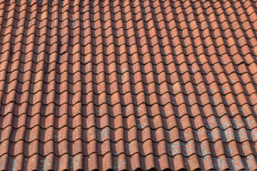 A fragment of an old tiled roof made up of brown shingle elements arranged in wavy rows with traces left by time and precipitation. Natural vintage architectural background.