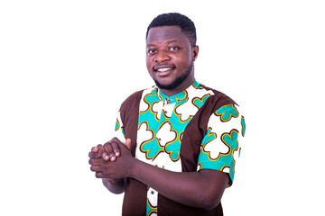 close-up of a young businessman showing gesture of respect, smiling.