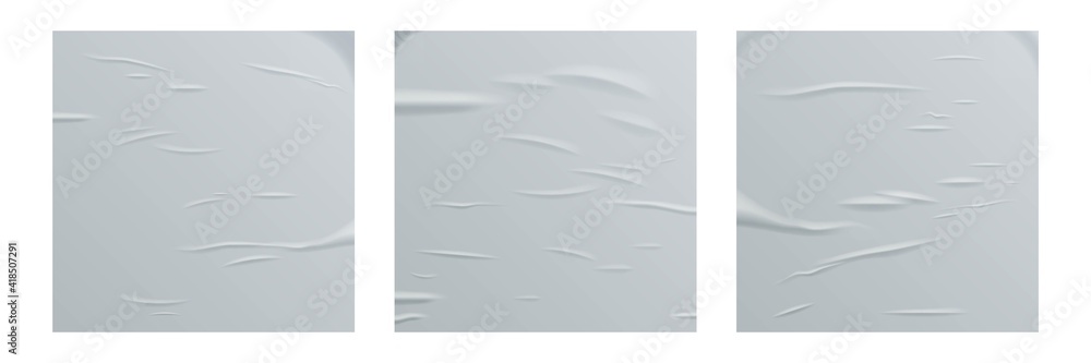 Poster glued white square paper sheets set. vector isolated realistic crumpled posters bundle. wet greased 