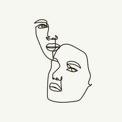 Two abstract simple faces drawn in one continuous line. One line design for wedding invitations, tattoos for lovers, print for poster. 