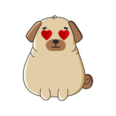Cute cartoon pug in love. Happy Valentine's day greeting card. Vector illustration.