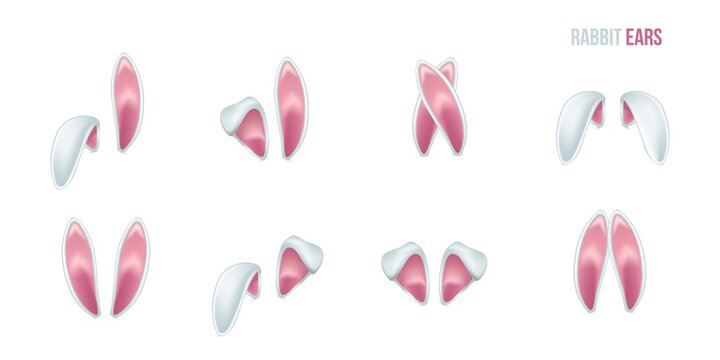 Rabbit ears realistic 3d vector illustrations set. Easter bunny ears kid headband, mask collection. Hare costume pink cartoon element. Photo editor, booth, video chat app color isolated cliparts.