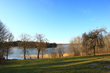Nice view over a Swedish landscape during spring. Nature with trees, grass and a blue sky. One lake...