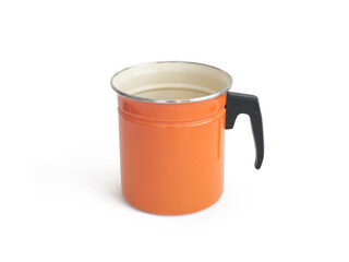 Orange Color Enameled Milk Bucket With Handle, Isolated On White Background