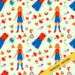 Fototapeta na wymiar Seamless pattern illustration for decorating various designs backgrounds and prints in the style of doodle little girl teen orange tank top and blue shorts randomly arranged in the picture