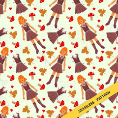 Seamless pattern illustration for decoration of various designs backgrounds and prints in the style of doodle little girl teen and brown jacket with skirt randomly arranged in the picture