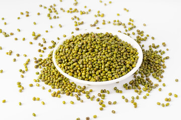 Fresh mung beans on pure white background