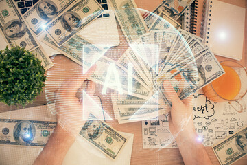 Multi exposure of technology drawing hologram and us dollars bills and man hands. Data concept