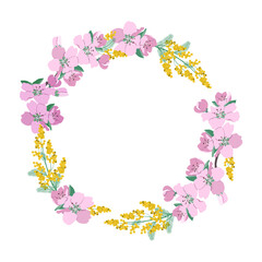 Graphic sacura wreath and mimosa. Traditional symbol of spring. Floral design isolated on white background.