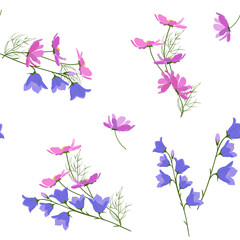 Seamless vector illustration with delicate wildflowers on a white background.