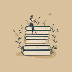 Concept:book is source of knowledge.Tiny african woman sitting on stack of books and reading book.Pile of volumes surrounded by plants as symbol of education.For library or bookstore.Hand drawn vector