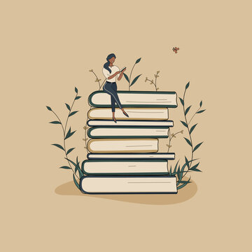 Concept:book is source of knowledge.Tiny african woman sitting on stack of books and reading book.Pile of volumes surrounded by plants as symbol of education.For library or bookstore.Hand drawn vector