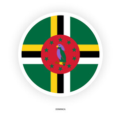 Dominica circle flag with white border on white background. Dominica button flag isolated on white background.