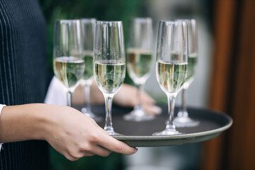 Professional male waiter in uniform serving champagne.