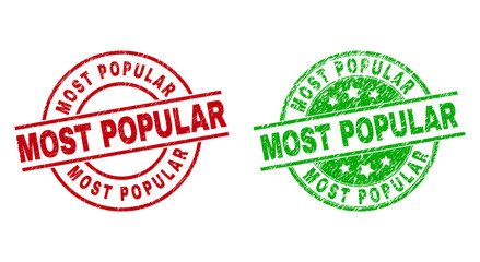 Round MOST POPULAR stamp badges. Flat vector grunge badges with MOST POPULAR phrase inside circle and lines, in red and green colors. Stamp imprints with corroded style.