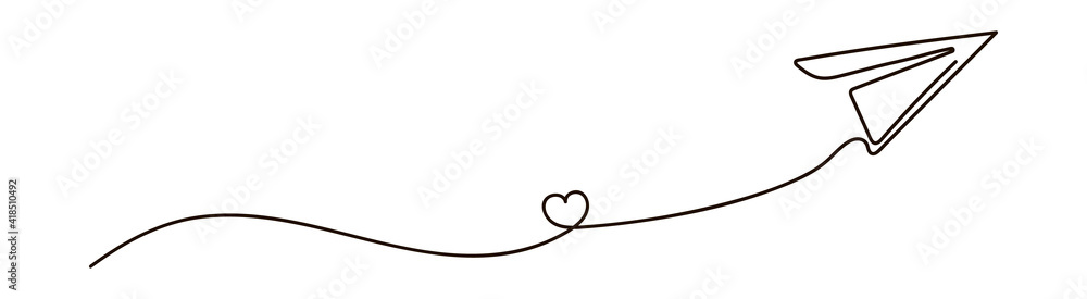 Poster one continuous line drawing of a flying paper airplane. modern one line draw graphic design. ek vect