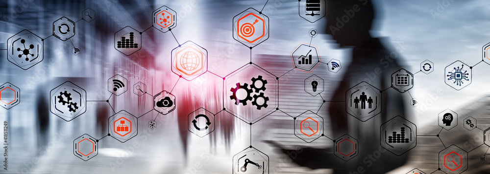 Poster gears icons engineering manufacturing automation innovation structure abstract concept