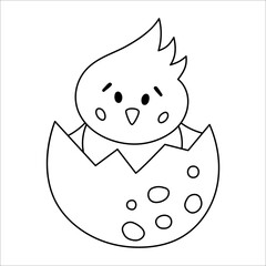 Vector black and white hen nestling icon. Little farm bird outline illustration. Cute line drawing of just hatched chicken sitting in egg shell isolated on white background. .