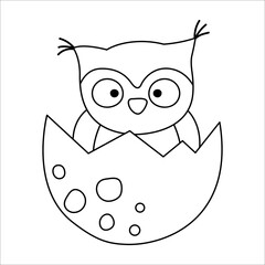 Vector black and white owl nestling icon. Little woodland bird outline illustration. Cute line drawing of just hatched owlet sitting in egg shell isolated on white background. .
