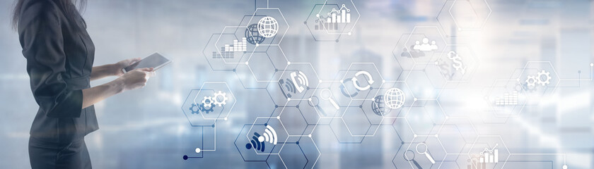Diagrams and icons on hologram screen. Mixed Media Website Business Horizontal Background