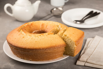 Homemade cake on a wooden table.