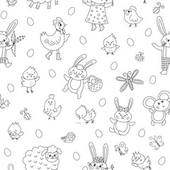 Vector black and white Easter characters seamless pattern. Spring birds and insects repeating background. Cute outline animal digital paper for kids. Funny bunny family, chicks texture.