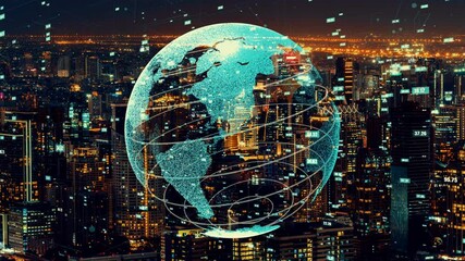 Global connection and the internet network modernization in smart city . Concept of future 5G wireless digital connecting and social media networking .